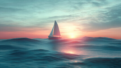Sailboat at Sunset with Digital Network Overlay on Calm Ocean Waves