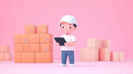Worker with tablet, surrounded by boxes, pastel pink background.