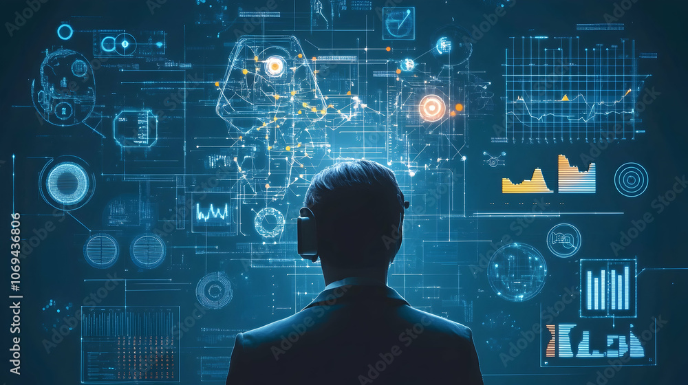 Poster cyber landscape depicting data analysis and artificial intelligence -