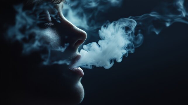 Close-up of young person vaping with smoke swirls