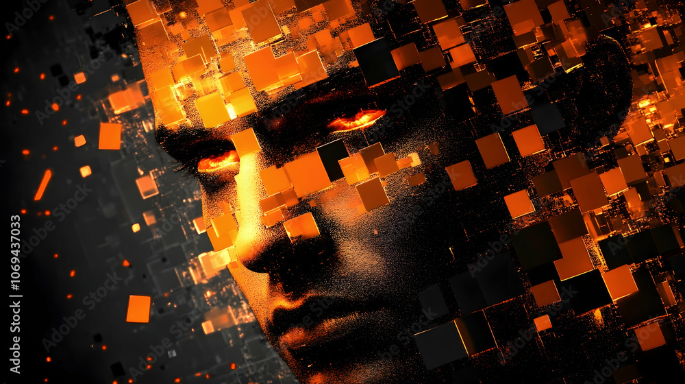 Poster digital face created with glowing orange cubes for a futuristic visual effect -