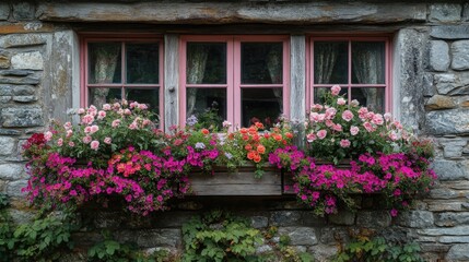 Charming stone cottage with vibrant flower window boxes in summer sun