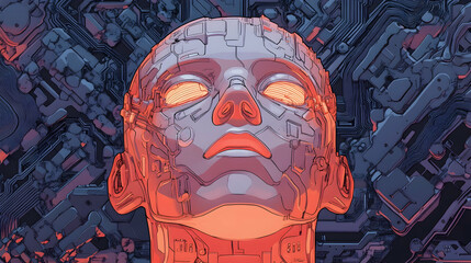Digital illustration of an AI robot head surrounded by technical patterns   -