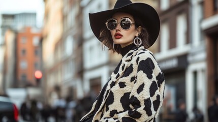 Stylish urban fashion featuring woman in cow print jacket with chic accessories