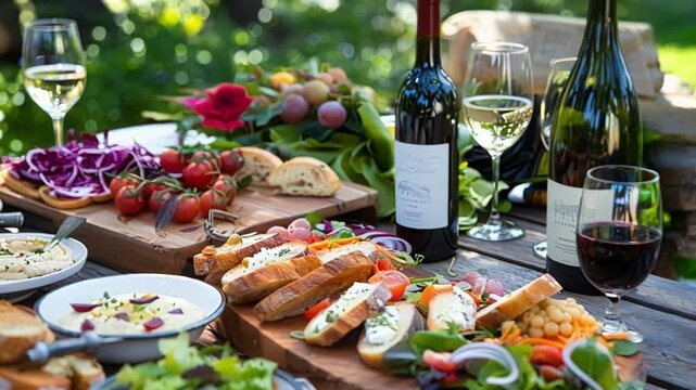 Gourmet appetizers and wine are served on a wooden table outside. This is the perfect setting for a celebration with friends