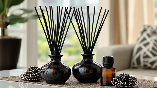 Two black reed diffusers stand on a table, next to a bottle of essential oil