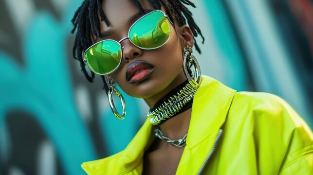 Edgy street style in lime green outfit with rebellious accessories