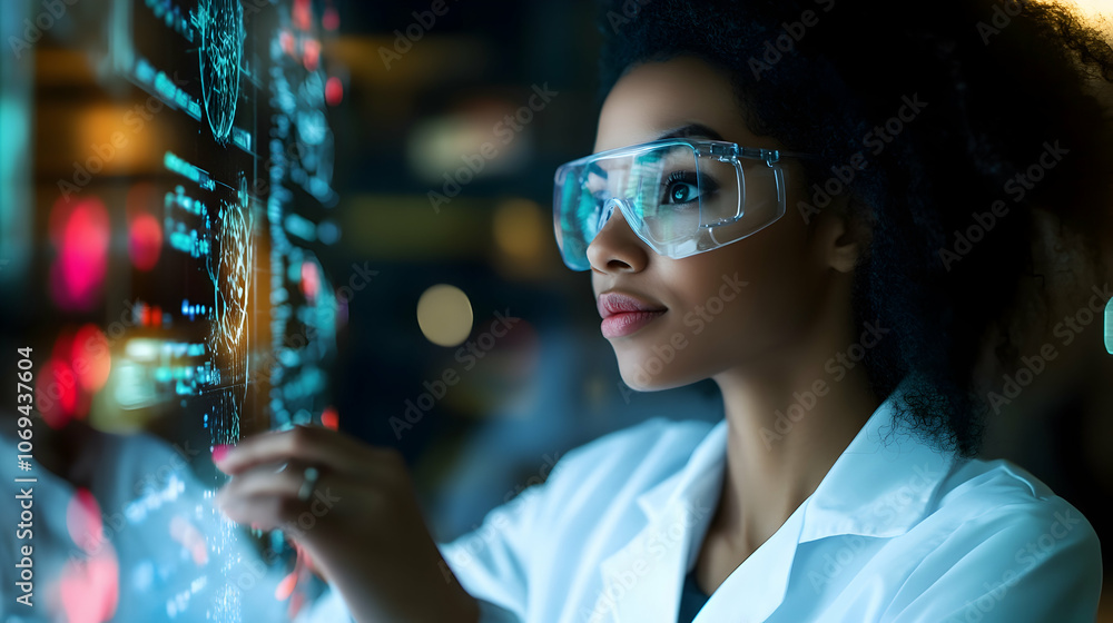 Poster female scientist interacting with a holographic interface in a lab environment -