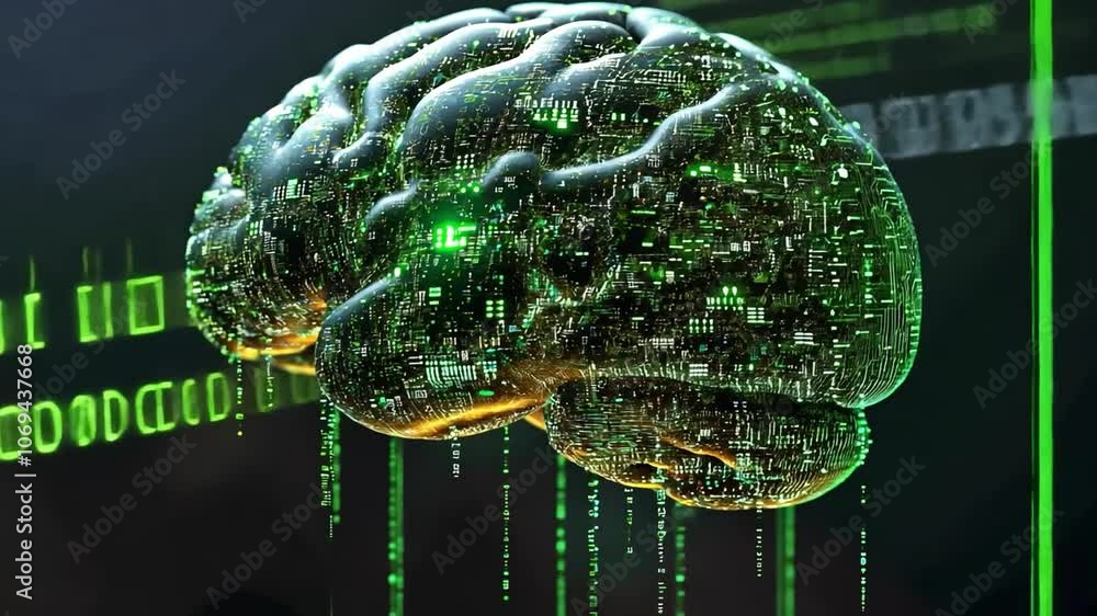 Poster exploring a digital brain illuminated by green circuitry in a futuristic setting