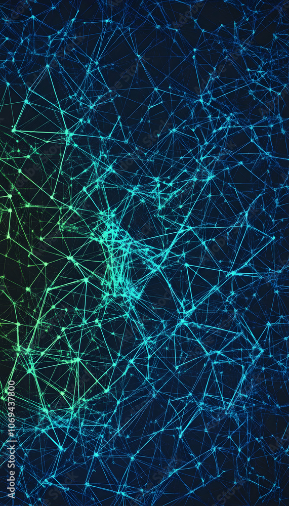 Poster futuristic background with interconnected nodes and lines in neon blue and green -