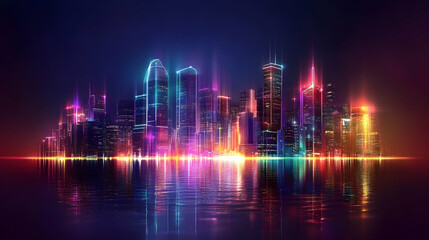 Futuristic cityscape at night with glowing neon lights   -