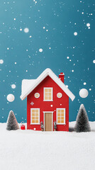 Fototapeta premium A Charming Red House in a Winter Wonderland Surrounded by Soft Snow