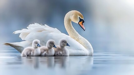 Obraz premium A graceful swan with three cygnets swimming on a calm lake, a gentle image of family and nature.