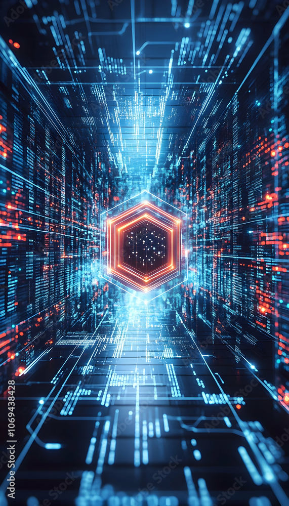 Aufkleber illuminated hexagon on textured black background with digital matrix and cyber connections -