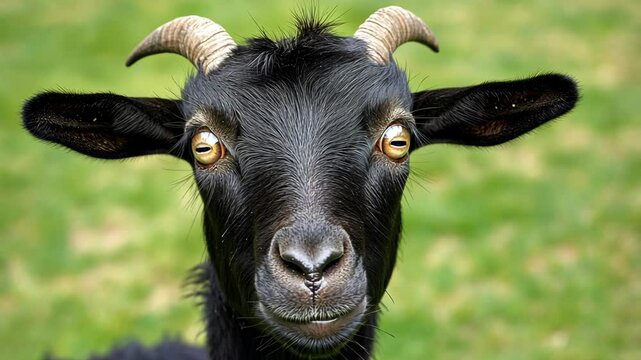 A black goat with horns stares directly at the camera with a curious expression