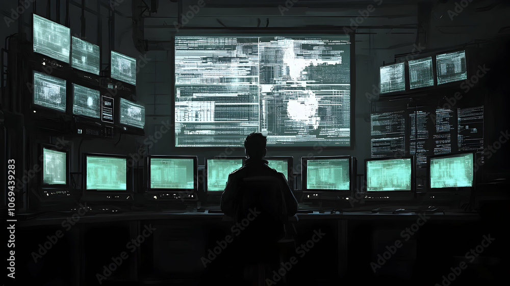 Poster system administrator working in a dark research facility with multiple displays -