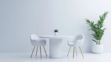 A beautiful, white round table with three stylish chairs, evenly spaced, placed in an all-white space, showcasing clean lines and modern design