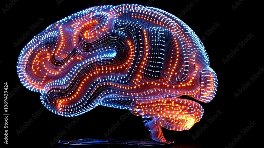 Poster colorful illuminated representation of a brain in a dark setting showcasing neural connections