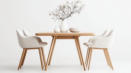 Minimalist modern dining set with wooden table and fabric chairs, perfect for interior design ads, clean white background