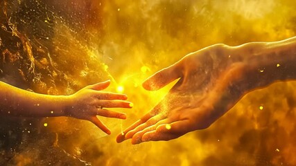 Two hands reach towards each other amidst intense, fiery sparks, conveying themes of connection and dramatic urgency. The scene is engulfed in golden hues, emphasizing a vivid and compelling moment