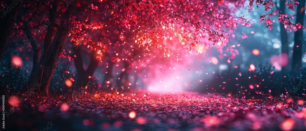 Poster the enchanting path through a hyperrealistic forest landscape filled with vibrant colors and mystica