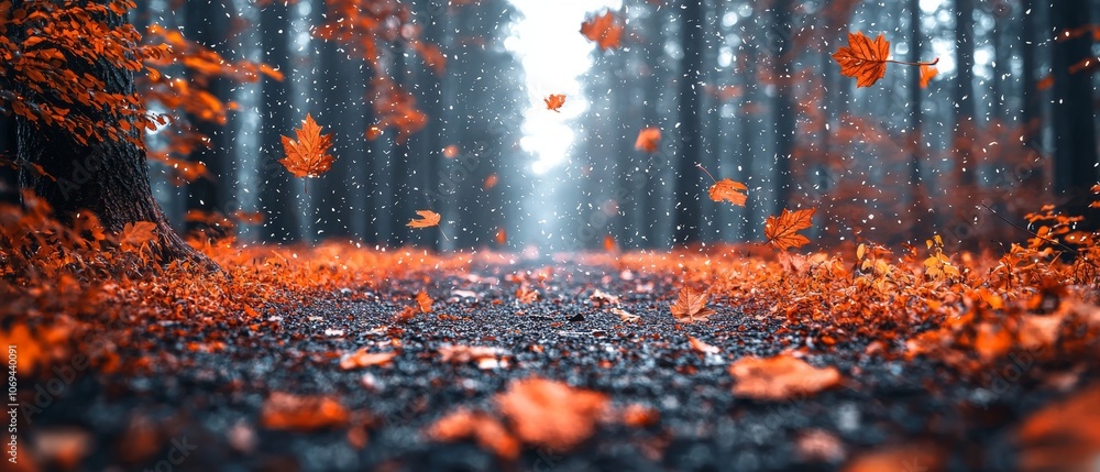 Poster the Enchanting Forest Path Ruled by Falling Leaves and Misty Light in a Hyperrealistic Landscape