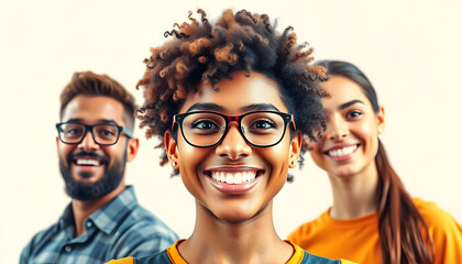 Obraz premium Creative collage of young happy people teamwork half face successful startup work together diversity template metaphor psychedelic pinup isolated with white highlights, png