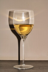 Elegant glass of white wine casting a shadow on a simple background in indoor lighting