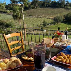 A rustic colonial breakfast table featuring warm waffles, a glass of freshly squeezed grape juice,...