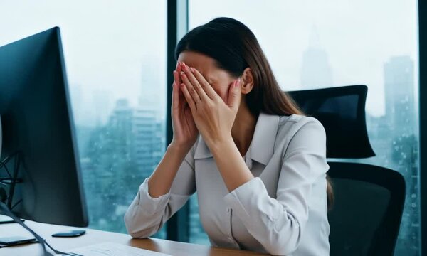 Woman has panic attack at workplace in office. Emotional stress and crisis