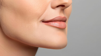 Obraz premium Captivating cropped portrait of a middleaged woman showcasing her lips and chin against a soft grey backdrop.