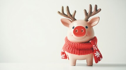 Cheerful Piggy Bank with Antlers and Scarf Decoration