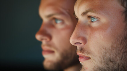 Two young men gaze intensely into the camera, embodying a sense of mystery and intrigue in dark surroundings.