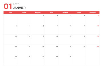 Calendrier 2025. La semaine du calendrier 2025 commence le lundi. Calendrier minimaliste d'entreprise propre pour Janvier 2025