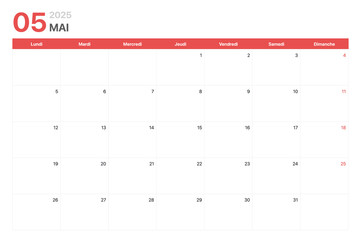 Calendrier 2025. La semaine du calendrier 2025 commence le lundi. Calendrier minimaliste d'entreprise propre pour Mai 2025