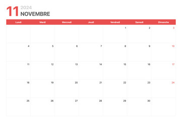 Calendrier 2024. La semaine du calendrier 2024 commence le lundi. Calendrier minimaliste d'entreprise propre pour Novembre 2024