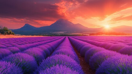 Naklejka premium Experience the golden sunset casting its glow over stunning lavender fields, creating a serene and tranquil atmosphere.