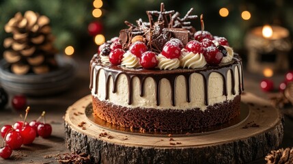 Indulge in this stunning homemade cake featuring rich chocolate, sweet cream, and tart cherries. Perfect for any celebration