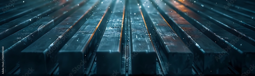 Poster a close-up view of metallic bars with reflections and droplets, illuminated in a cool, stylish manne