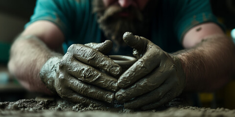 Ceramic artist molding clay with concentrated hands,the art of pottery.