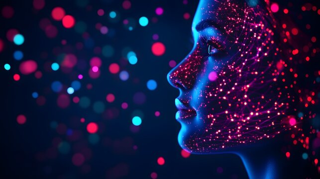 Woman's face illuminated by neural networks, glowing data streams connecting brain cells, sci-fi, bioluminescent colors, digital painting