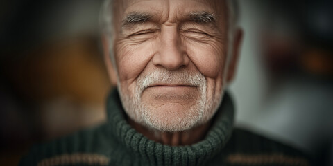 Closeup of elderly man with eyes closed and a peaceful smile,feeling of tranquility, satisfaction and introspection and well-being
