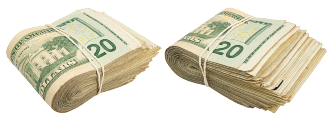 20$ bills. Stack of twenty American bills. Cash wad roll. Money rolled in half with rubber band. Green USA bank notes. USD banking saving. Paper money note. Business success. Rich. Isolated background