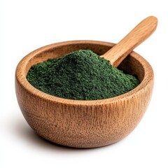 Includes images of spirulina powder in a bowl with a spoon and related text.