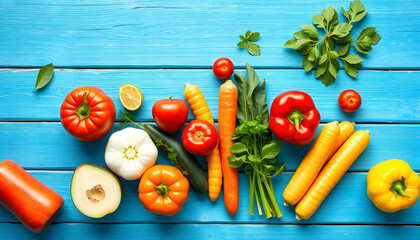 Healthy organic food on a blue wooden background. Vegetables and fruits. Top view. Free copy space isolated with white highlights, png