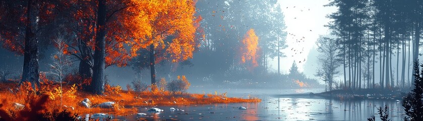 the Serenity of a Tranquil Autumn Landscape Captured in Realistic Art