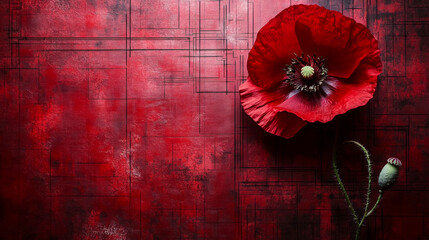 Red poppy flower with stem on textured red background featuring geometric lines. Concept of nature and contrast in art.