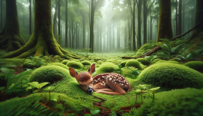 Baby deer sleeping peacefully on the green ground
