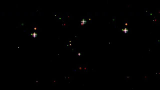 Glowing multicolored points shimmering against a dark background. Suitable for abstract backgrounds, party invitations, technology concepts, and vibrant designs.