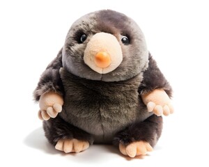 cute plush baby mole soft toy on white background for wildlife illustrations
